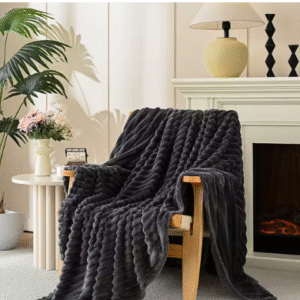 Grey Fluffy Cozy Throw Blanket With Stripes
